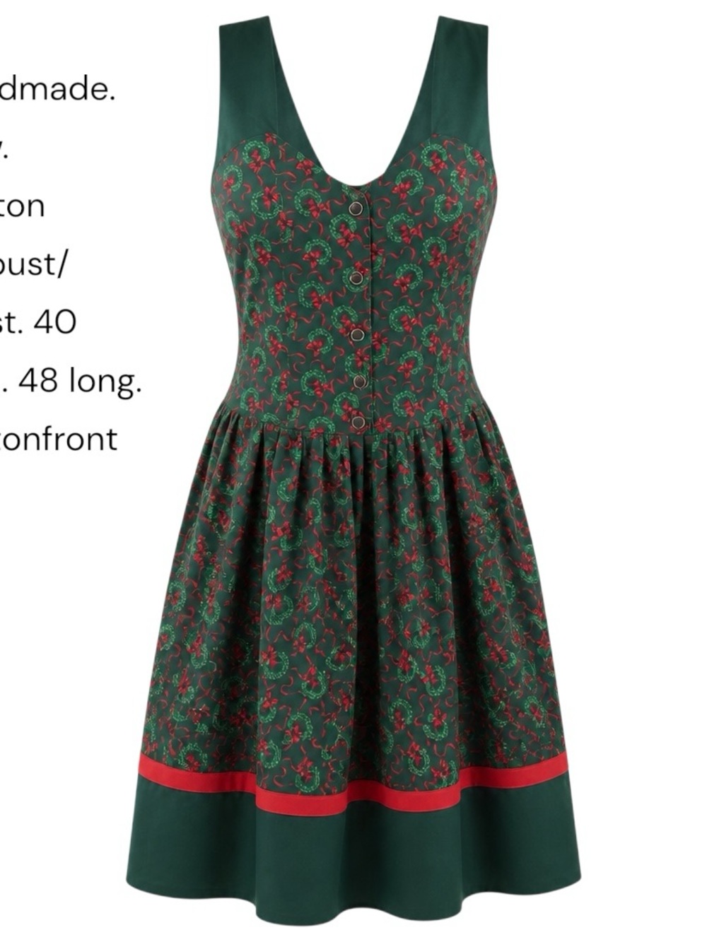Vintage-Inspired Green Floral Fit-and-Flare Dress with Red Trim